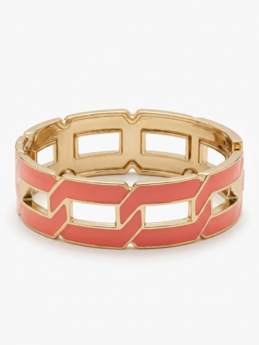 Vintage Gold-Tone Coral Enamel Geometric Link Hinged Bangle Bracelet